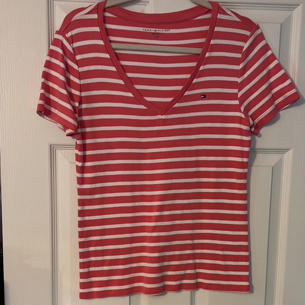 Tommy Hilfiger Fitted Pink and White Short Sleeve Tee